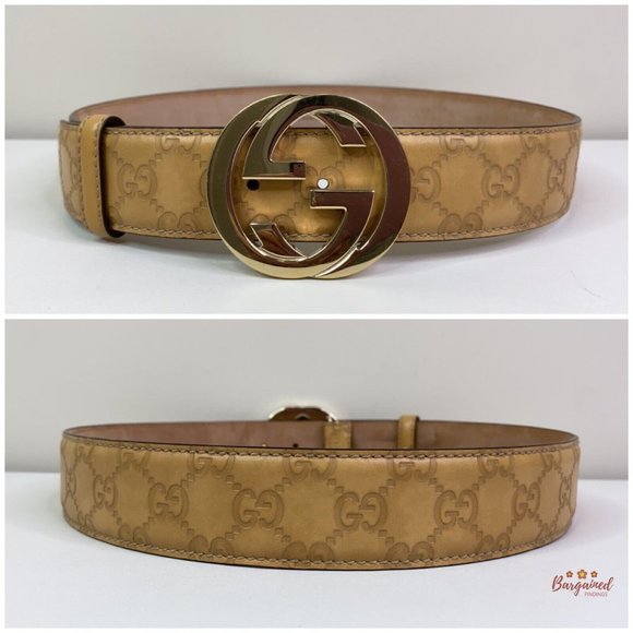 Authentic GUCCI Beige Guccissima Leather Interlocking G Gold Buckle Belt 80/32 - Picture 6 of 13